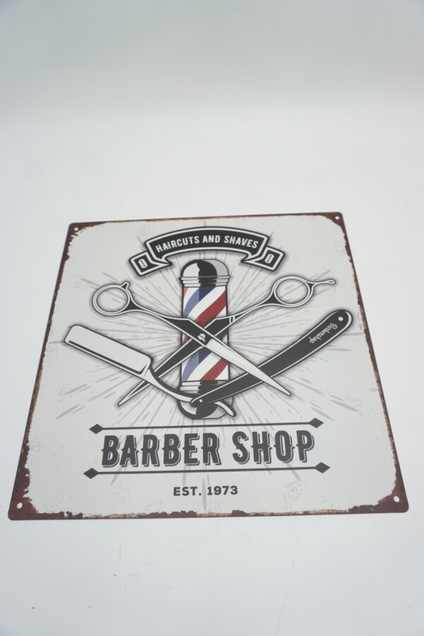 BLASZANY SZYLD - TABLICZKA "BARBER SHOP" 30X30 cm.