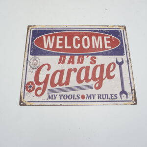 BLASZANY SZYLD - TABLICZKA "WELCOME DAD'S GARAGE" 20X25 cm.