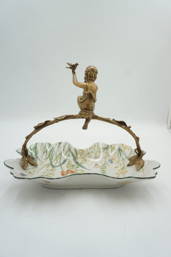 PATERA PATERKA PORCELANA Z BRĄZEM - CHŁOPCZYK Z PTASZKIEM