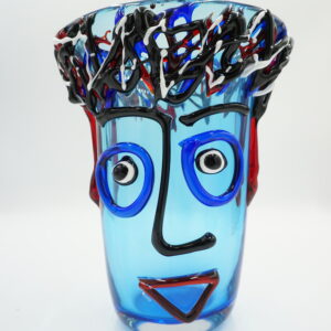 DUŻY SZKLANY WAZON STYL MURANO TWARZ NIEBIESKI
