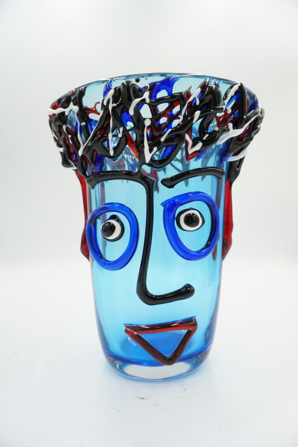 DUŻY SZKLANY WAZON STYL MURANO TWARZ NIEBIESKI