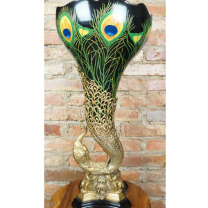 DUŻY PAW WAZON PUCHAR PORCELANOWY Z BRĄZEM