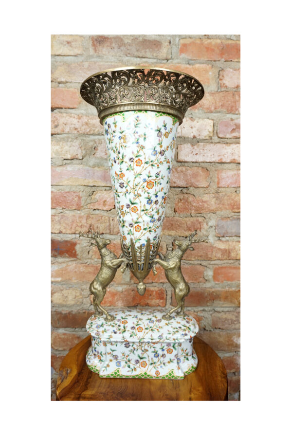 WAZON PUCHAR PORCELANOWY OKUTY BRĄZEM Z JELENIAMI DLA MYŚLIWEGO