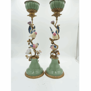 DUŻA PARA ŚWIECZNIKÓW PTASZKI PORCELANA Z BRĄZEM CUDO wys-54cm