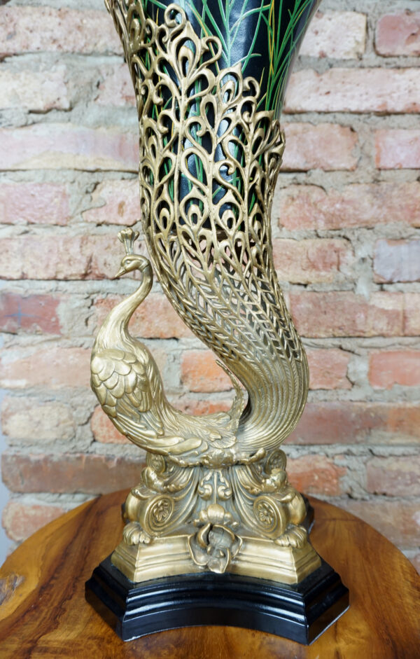 DUŻY PAW WAZON PUCHAR PORCELANOWY Z BRĄZEM