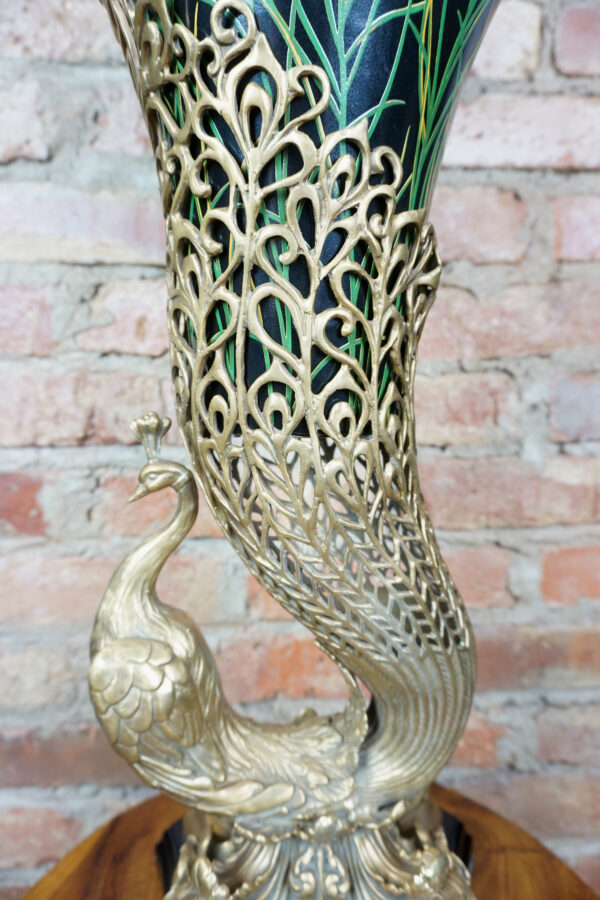 DUŻY PAW WAZON PUCHAR PORCELANOWY Z BRĄZEM