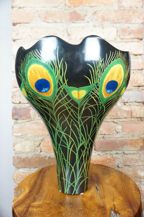 DUŻY PAW WAZON PUCHAR PORCELANOWY Z BRĄZEM