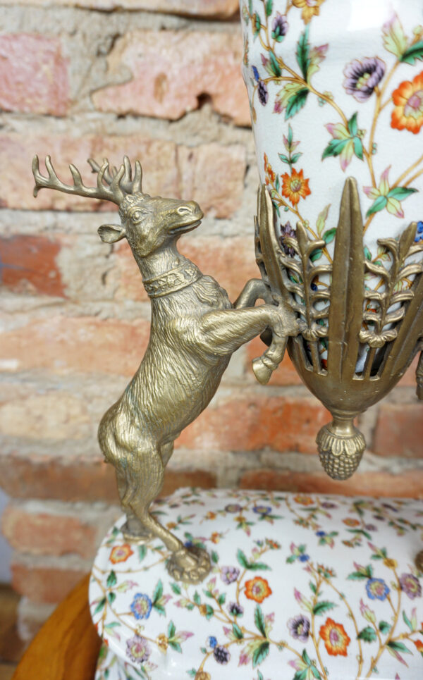 WAZON PUCHAR PORCELANOWY OKUTY BRĄZEM Z JELENIAMI DLA MYŚLIWEGO