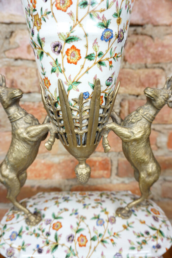 WAZON PUCHAR PORCELANOWY OKUTY BRĄZEM Z JELENIAMI DLA MYŚLIWEGO