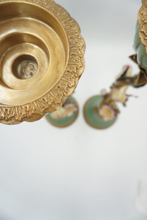 DUŻA PARA ŚWIECZNIKÓW PTASZKI PORCELANA Z BRĄZEM CUDO wys-54cm