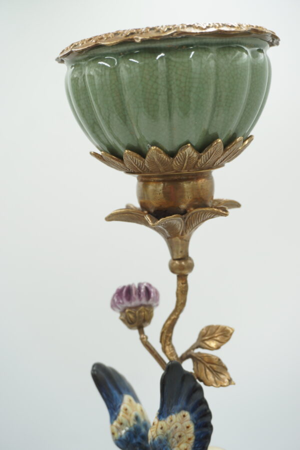 DUŻA PARA ŚWIECZNIKÓW PTASZKI PORCELANA Z BRĄZEM CUDO wys-54cm