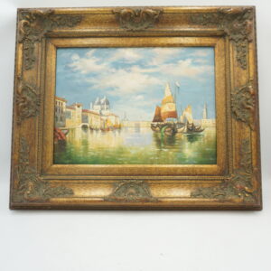 OBRAZ PEJZAŻ, MIASTO, STATKI - obraz olejny.