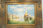 OBRAZ PEJZAŻ, MIASTO, STATKI - obraz olejny.