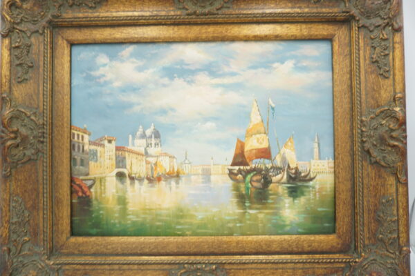 OBRAZ PEJZAŻ, MIASTO, STATKI - obraz olejny.