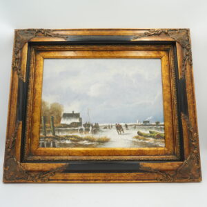 OBRAZ PEJZAŻ ZIMOWY, WIOSKA, CHATKA, LUDZIE - obraz olejny.