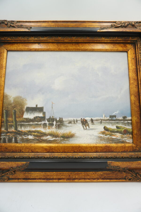 OBRAZ PEJZAŻ ZIMOWY, WIOSKA, CHATKA, LUDZIE - obraz olejny.