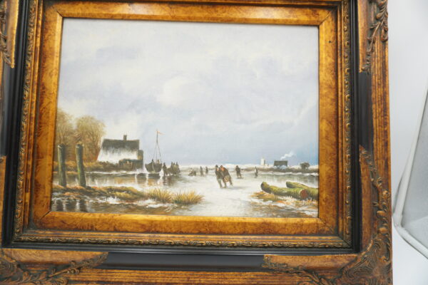 OBRAZ PEJZAŻ ZIMOWY, WIOSKA, CHATKA, LUDZIE - obraz olejny.