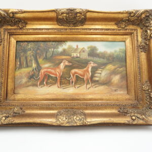 OBRAZ PEJZAŻ , WIOSKA, PSY - obraz olejny.