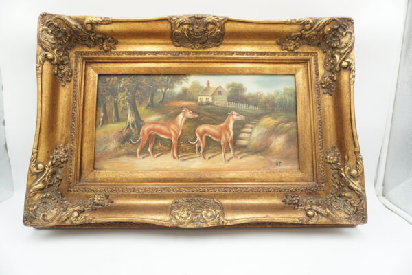 OBRAZ PEJZAŻ , WIOSKA, PSY - obraz olejny.