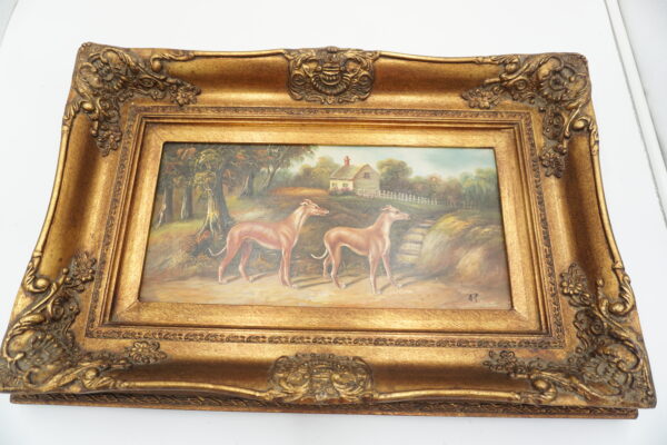 OBRAZ PEJZAŻ , WIOSKA, PSY - obraz olejny.