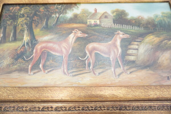 OBRAZ PEJZAŻ , WIOSKA, PSY - obraz olejny.