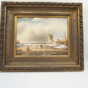 OBRAZ PEJZAŻ ZIMOWY, WIOSKA, CHATKA, LUDZIE, WIATRAK - obraz olejny.