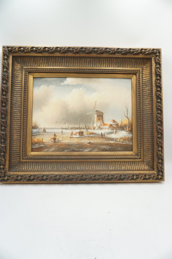 OBRAZ PEJZAŻ ZIMOWY, WIOSKA, CHATKA, LUDZIE, WIATRAK - obraz olejny.