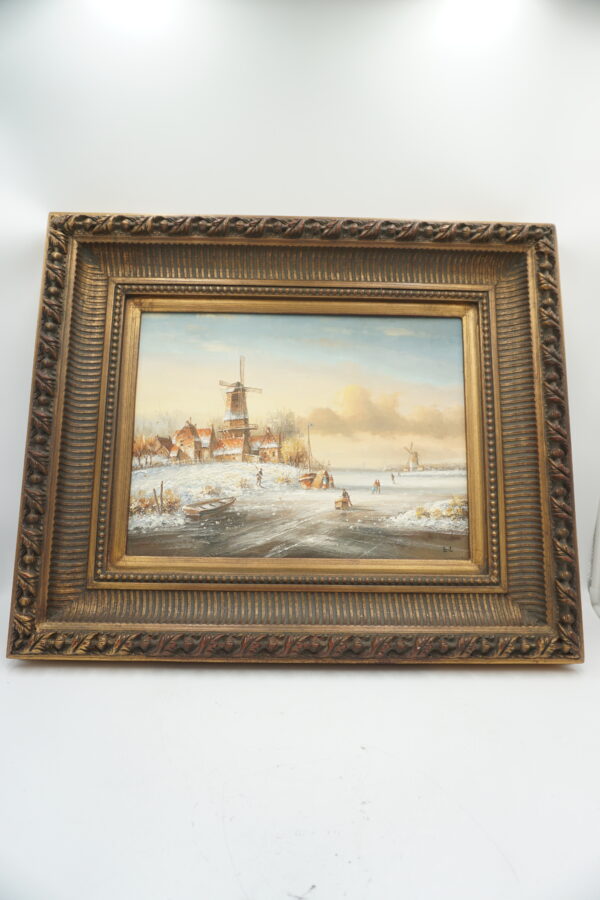 OBRAZ PEJZAŻ ZIMOWY, WIOSKA, WIATRAK - obraz olejny.