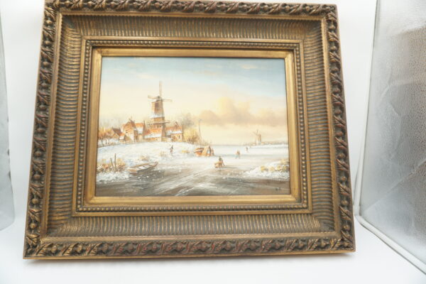 OBRAZ PEJZAŻ ZIMOWY, WIOSKA, WIATRAK - obraz olejny.