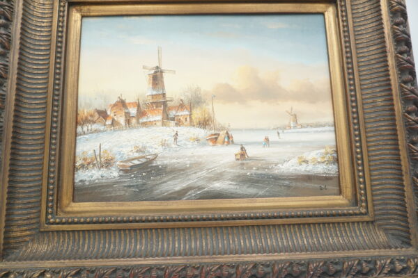 OBRAZ PEJZAŻ ZIMOWY, WIOSKA, WIATRAK - obraz olejny.