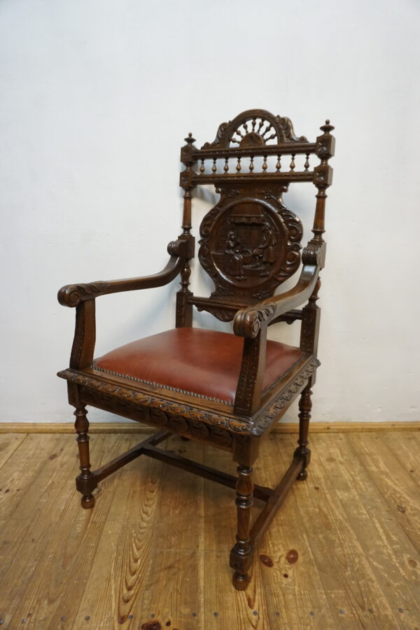 RĘCZNIE RZEŹBIONY DOSTOJNY FOTEL BRETOŃSKI DO BIURKA SKÓRA