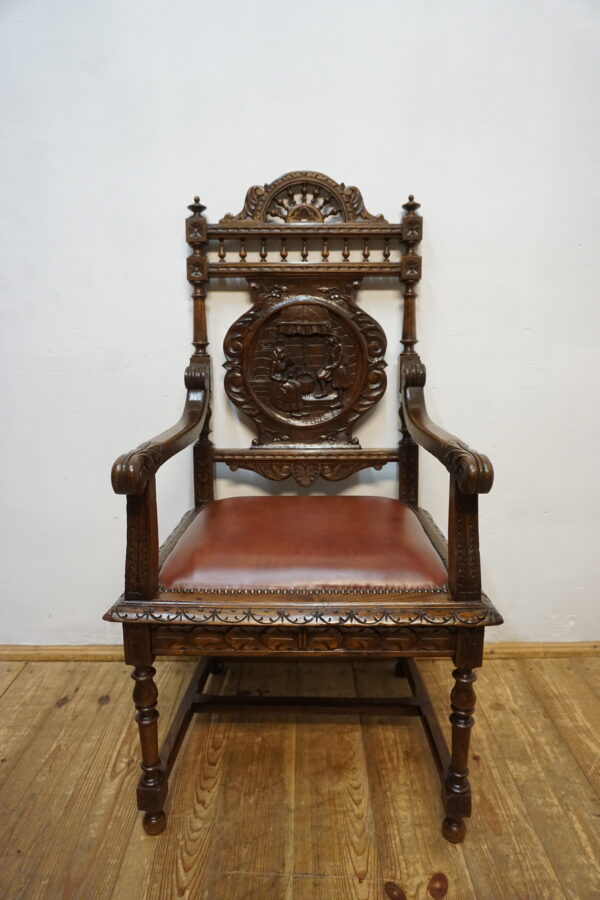 RĘCZNIE RZEŹBIONY DOSTOJNY FOTEL BRETOŃSKI DO BIURKA SKÓRA