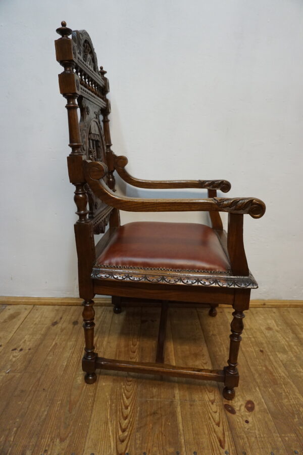 RĘCZNIE RZEŹBIONY DOSTOJNY FOTEL BRETOŃSKI DO BIURKA SKÓRA