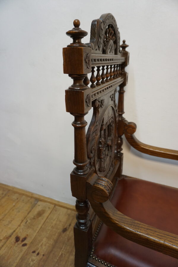 RĘCZNIE RZEŹBIONY DOSTOJNY FOTEL BRETOŃSKI DO BIURKA SKÓRA