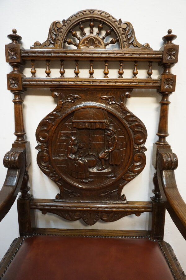 RĘCZNIE RZEŹBIONY DOSTOJNY FOTEL BRETOŃSKI DO BIURKA SKÓRA