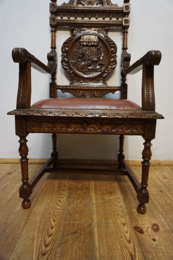 RĘCZNIE RZEŹBIONY DOSTOJNY FOTEL BRETOŃSKI DO BIURKA SKÓRA