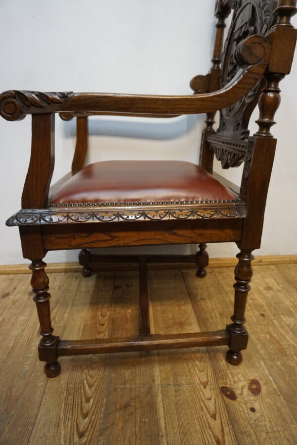 RĘCZNIE RZEŹBIONY DOSTOJNY FOTEL BRETOŃSKI DO BIURKA SKÓRA