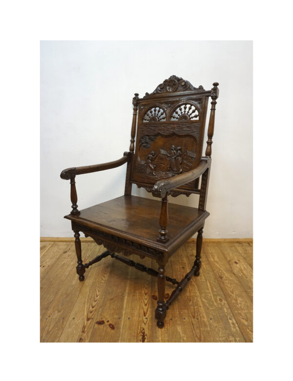BOGATO RZEŹBIONY FOTEL BRETOŃSKI LITY DĄB XIX wiek FRANCJA