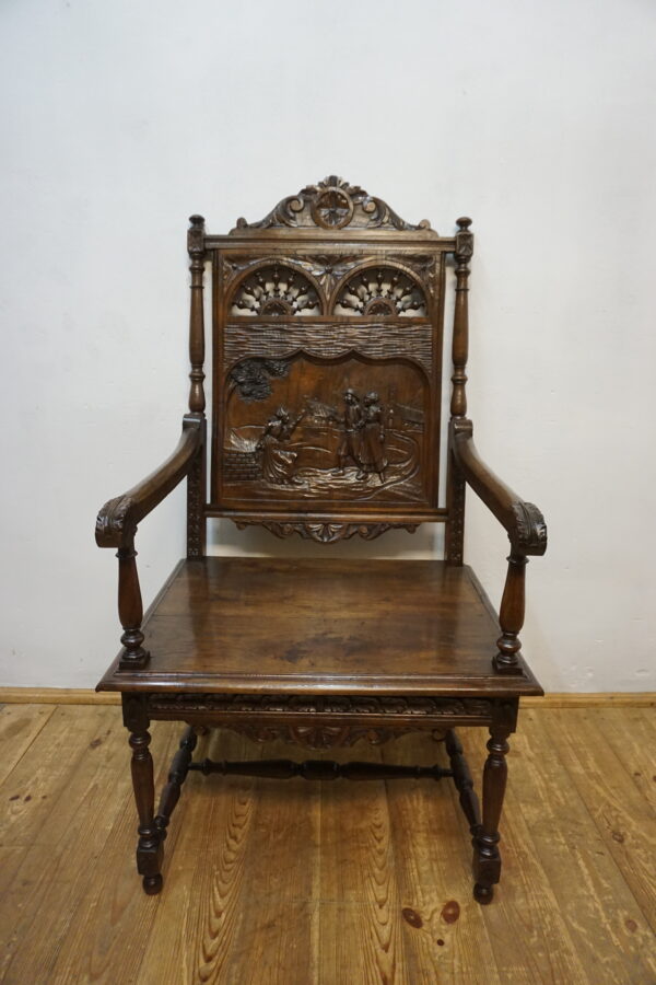 BOGATO RZEŹBIONY FOTEL BRETOŃSKI LITY DĄB XIX wiek FRANCJA