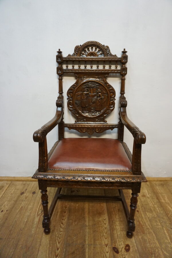 RĘCZNIE RZEŹBIONY DOSTOJNY FOTEL BRETOŃSKI DO BIURKA SKÓRA 2