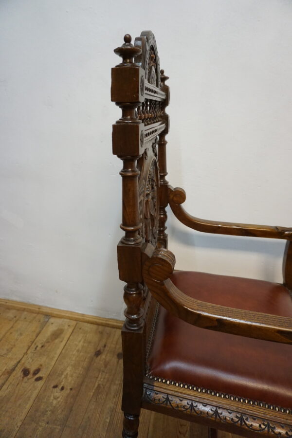 RĘCZNIE RZEŹBIONY DOSTOJNY FOTEL BRETOŃSKI DO BIURKA SKÓRA 2