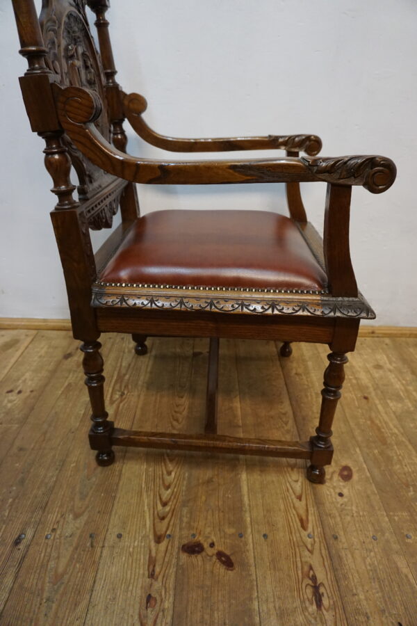 RĘCZNIE RZEŹBIONY DOSTOJNY FOTEL BRETOŃSKI DO BIURKA SKÓRA 2