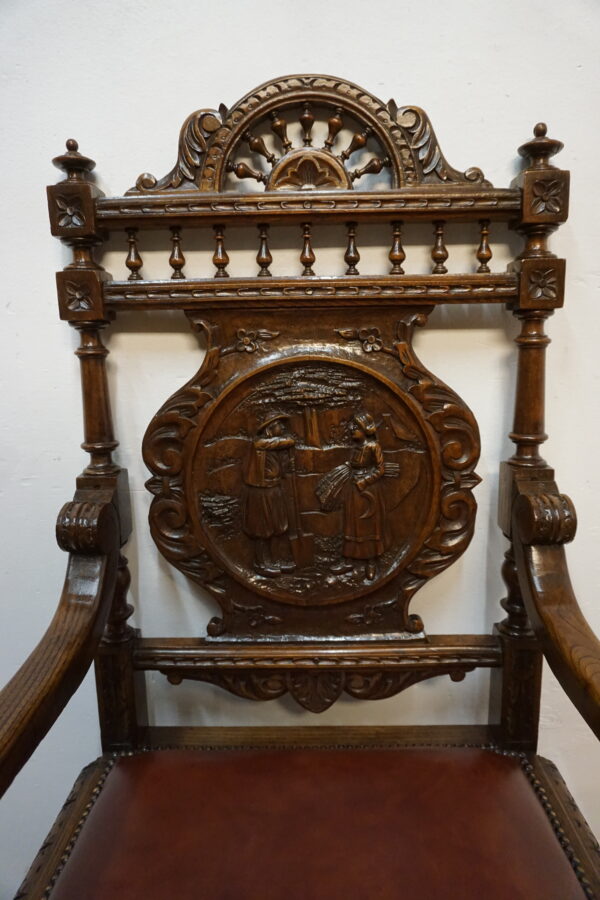 RĘCZNIE RZEŹBIONY DOSTOJNY FOTEL BRETOŃSKI DO BIURKA SKÓRA 2