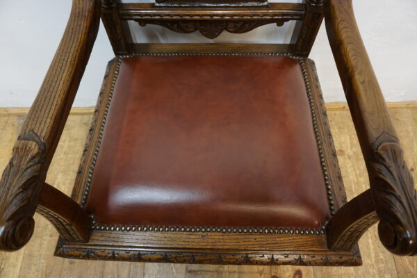 RĘCZNIE RZEŹBIONY DOSTOJNY FOTEL BRETOŃSKI DO BIURKA SKÓRA 2