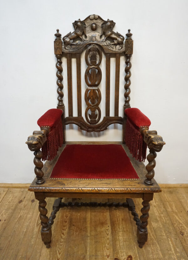 DOSTOJNY RZEŹBIONY FOTEL DĘBOWY NEORENESANS