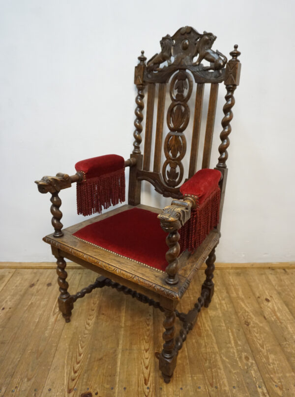 DOSTOJNY RZEŹBIONY FOTEL DĘBOWY NEORENESANS