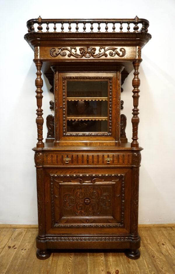 STARY NIESPOTYKANY RZEŹBIONY KREDENS Z PRZESZKLENIEM