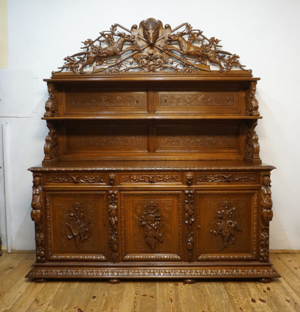 STARY PAŁACOWY DUŻY MYŚLIWSKI BUFET Z NADSTAWKĄ NIESAMOWITE ZWIEŃCZENIE