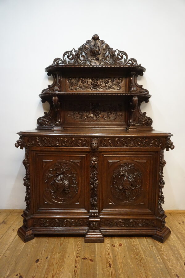 STARY MYŚLIWSKI BUFET KOMODA Z DUŻĄ BOGATO RZEŹBIONĄ NADSTAWKĄ ORYGINAŁ