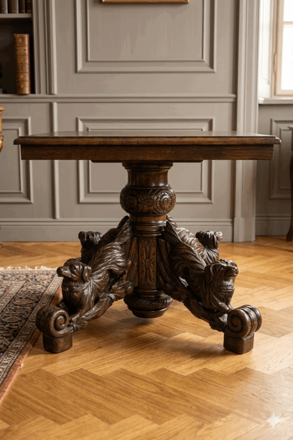 UNIKATOWY STÓŁ GABINETOWY – RZEŹBIONE PSY – PO RENOWACJI